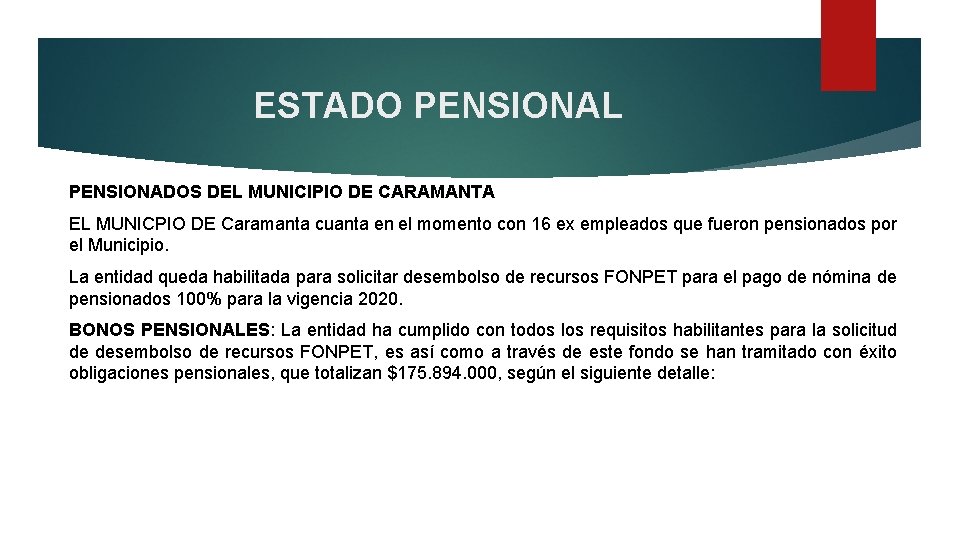 ESTADO PENSIONAL PENSIONADOS DEL MUNICIPIO DE CARAMANTA EL MUNICPIO DE Caramanta cuanta en el