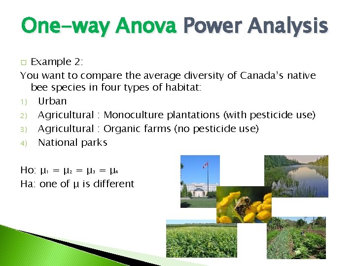 One-way Anova Power Analysis Example 2: You want to compare the average diversity of