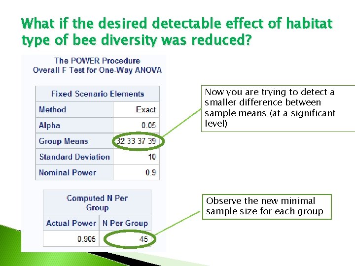 What if the desired detectable effect of habitat type of bee diversity was reduced?