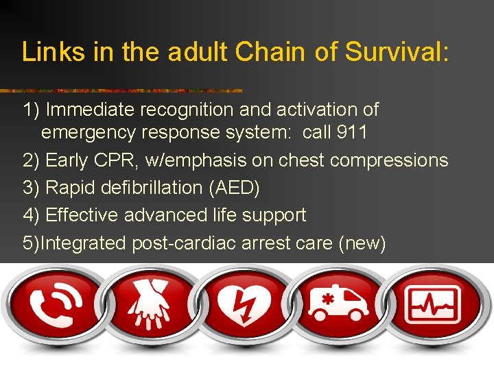 Links in the adult Chain of Survival: 1) Immediate recognition and activation of emergency