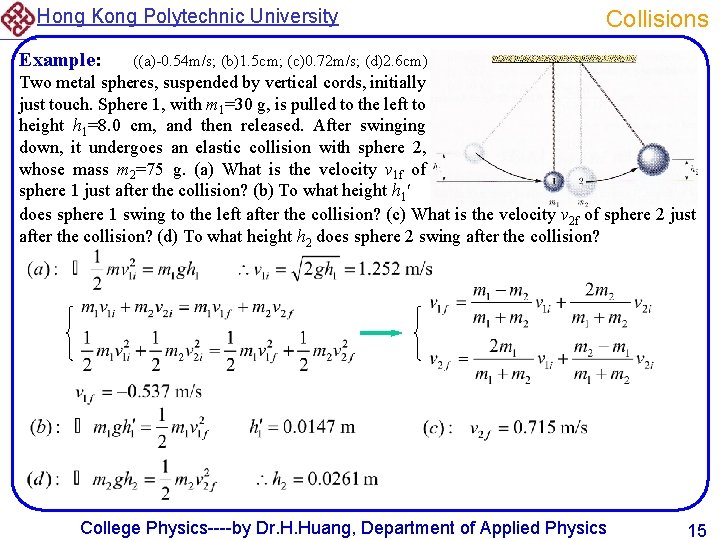 Hong Kong Polytechnic University Example: Collisions ((a)-0. 54 m/s; (b)1. 5 cm; (c)0. 72