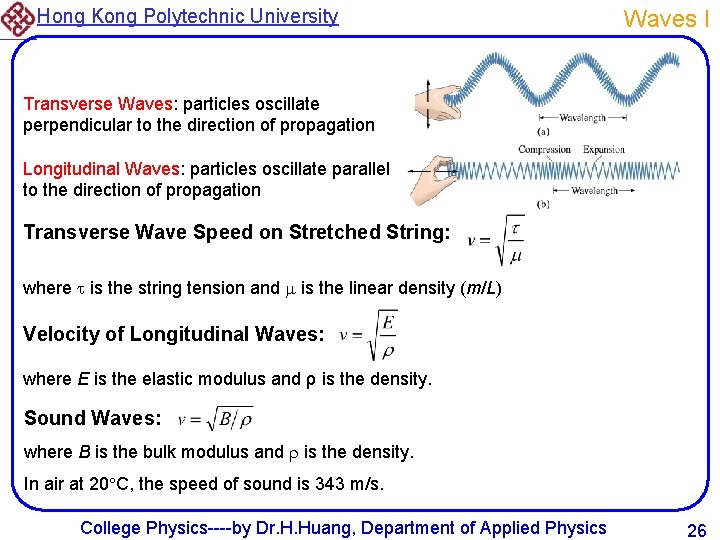 Hong Kong Polytechnic University Waves I Transverse Waves: particles oscillate perpendicular to the direction