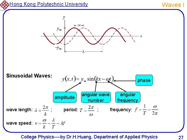 Hong Kong Polytechnic University Waves I y ym Sinusoidal Waves: phase amplitude wave length: