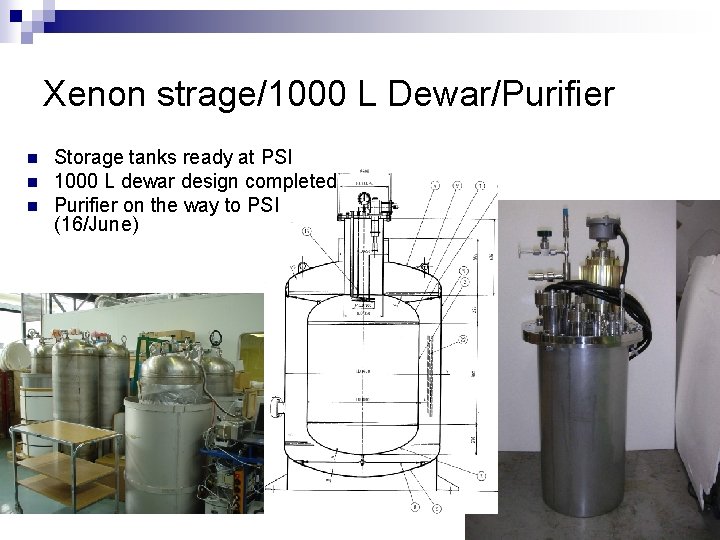 Xenon strage/1000 L Dewar/Purifier n n n Storage tanks ready at PSI 1000 L