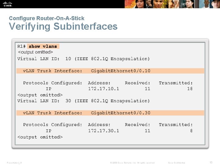 Configure Router-On-A-Stick Verifying Subinterfaces Presentation_ID © 2008 Cisco Systems, Inc. All rights reserved. Cisco