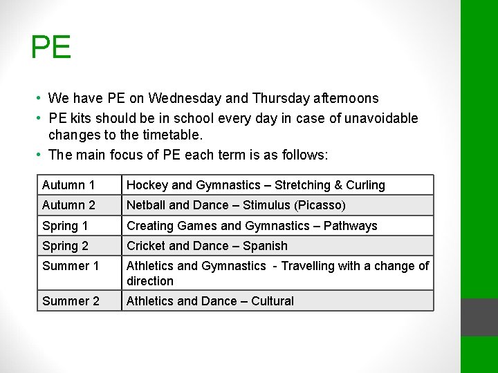 PE • We have PE on Wednesday and Thursday afternoons • PE kits should