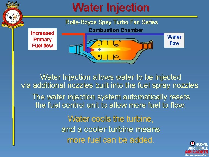 Water Injection Rolls-Royce Spey Turbo Fan Series Increased Primary Fuel flow Combustion Chamber Water