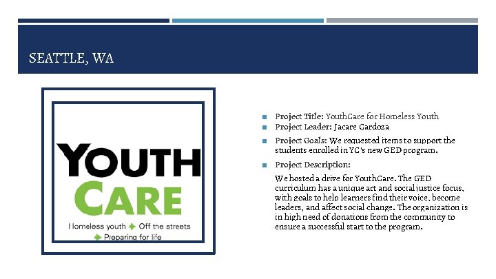 SEATTLE, WA ◼ Project Title: Youth. Care for Homeless Youth ◼ Project Leader: Jacare