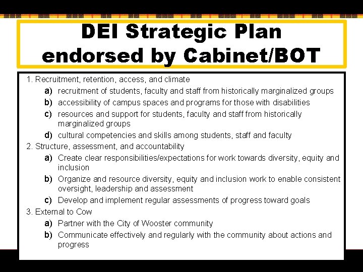 DEI Strategic Plan endorsed by Cabinet/BOT 1. Recruitment, retention, access, and climate a) recruitment