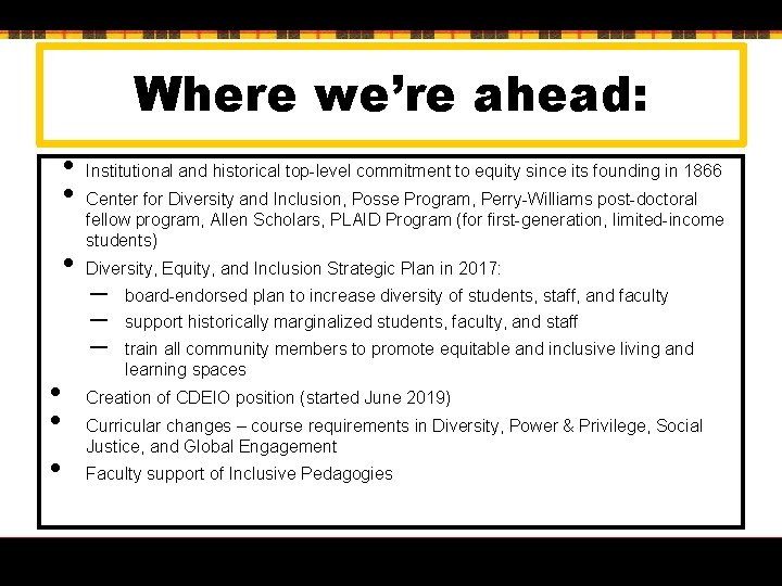 Where we’re ahead: • • • Institutional and historical top-level commitment to equity since