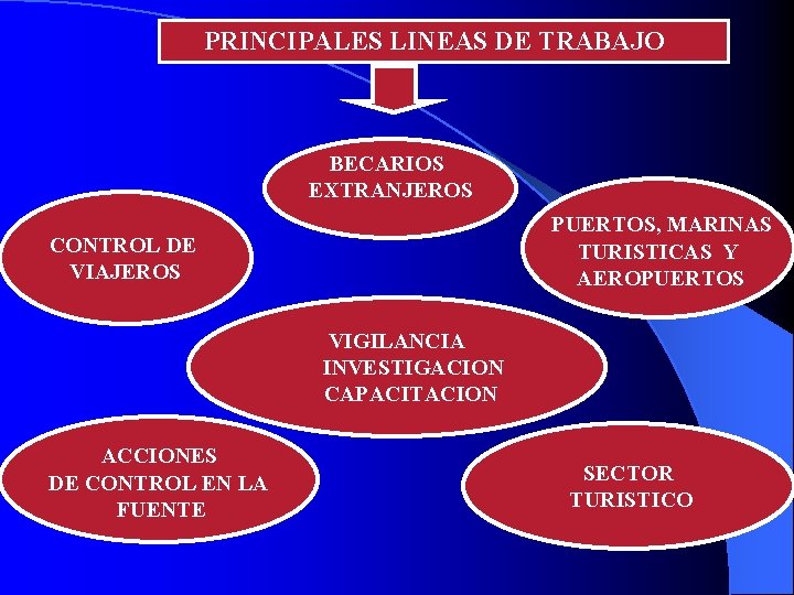 PRINCIPALES LINEAS DE TRABAJO BECARIOS EXTRANJEROS PUERTOS, MARINAS TURISTICAS Y AEROPUERTOS CONTROL DE VIAJEROS