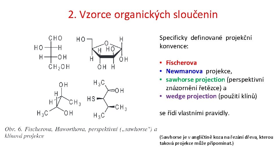 2. Vzorce organických sloučenin Specificky definované projekční konvence: • Fischerova • Newmanova projekce, •