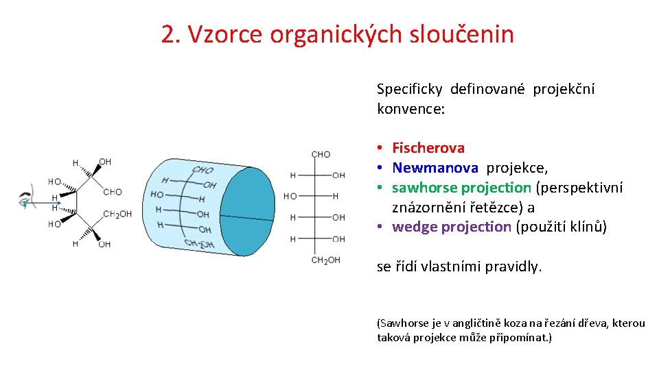 2. Vzorce organických sloučenin Specificky definované projekční konvence: • Fischerova • Newmanova projekce, •