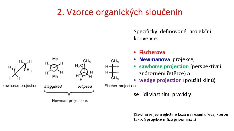 2. Vzorce organických sloučenin Specificky definované projekční konvence: • Fischerova • Newmanova projekce, •