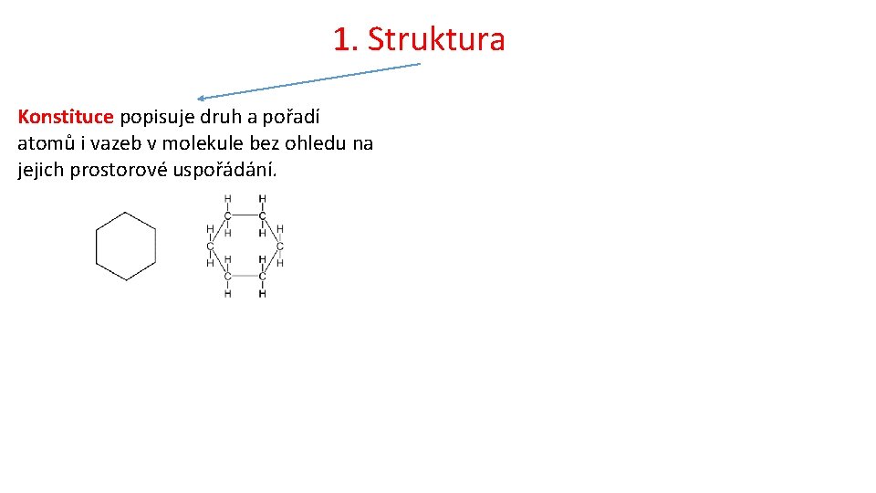 1. Struktura Konstituce popisuje druh a pořadí atomů i vazeb v molekule bez ohledu