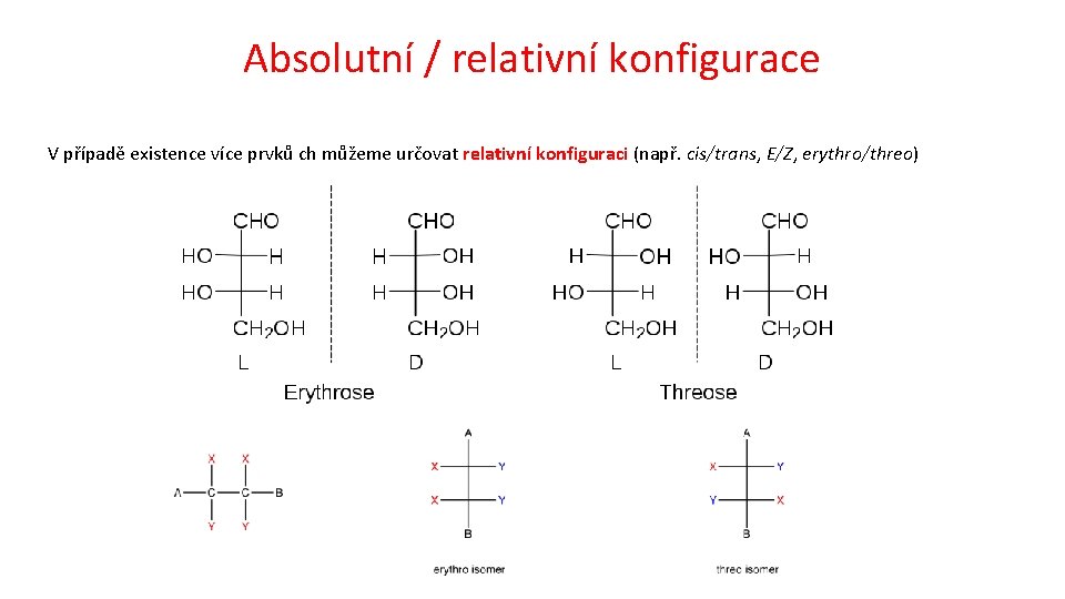 Absolutní / relativní konfigurace V případě existence více prvků ch můžeme určovat relativní konfiguraci