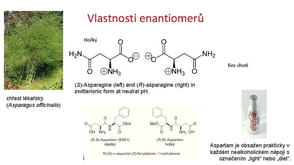 Vlastnosti enantiomerů Hořký Bez chuti (S)-Asparagine (left) and (R)-asparagine (right) in zwitterionic form at