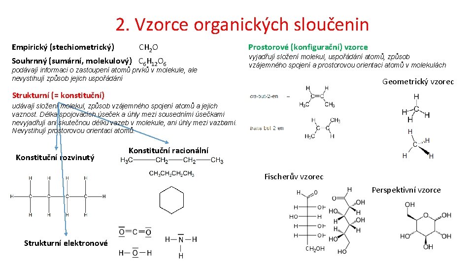 2. Vzorce organických sloučenin Empirický (stechiometrický) CH 2 O Souhrnný (sumární, molekulový) C 6