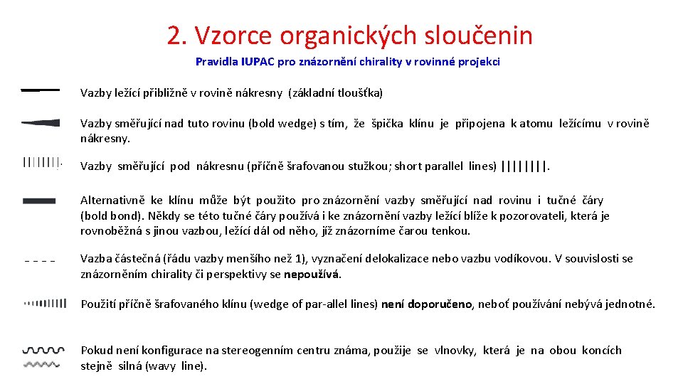 2. Vzorce organických sloučenin Pravidla IUPAC pro znázornění chirality v rovinné projekci Vazby ležící