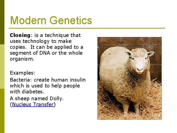 Modern Genetics Cloning: is a technique that uses technology to make copies. It can Modern Genetics Cloning: is a technique that uses technology to make copies. It can