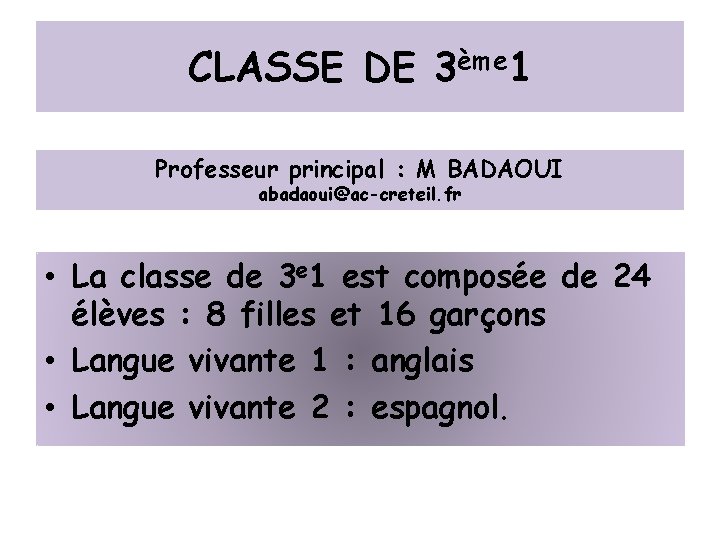 CLASSE DE 3ème 1 Professeur principal : M BADAOUI abadaoui@ac-creteil. fr • La classe