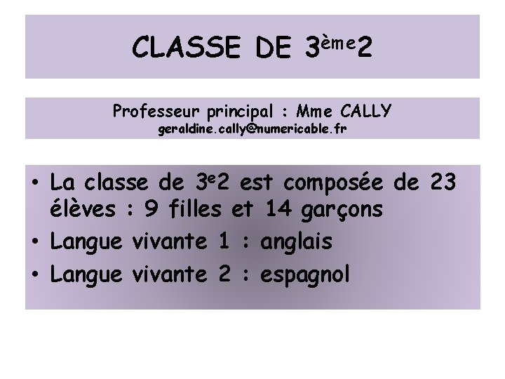 CLASSE DE 3ème 2 Professeur principal : Mme CALLY geraldine. cally@numericable. fr • La