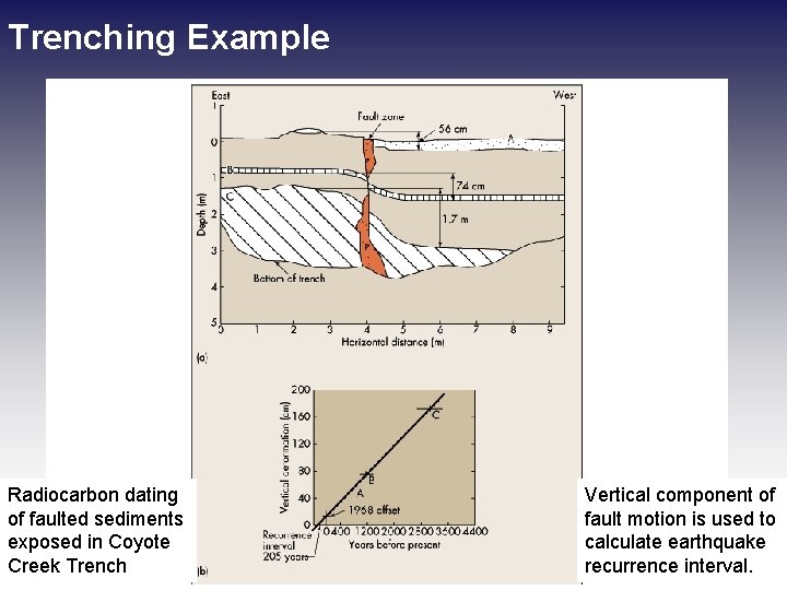 Trenching Example Radiocarbon dating of faulted sediments exposed in Coyote Creek Trench Vertical component Trenching Example Radiocarbon dating of faulted sediments exposed in Coyote Creek Trench Vertical component