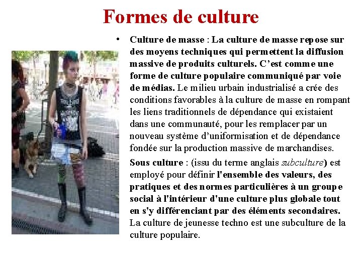 Formes de culture • Culture de masse : La culture de masse repose sur