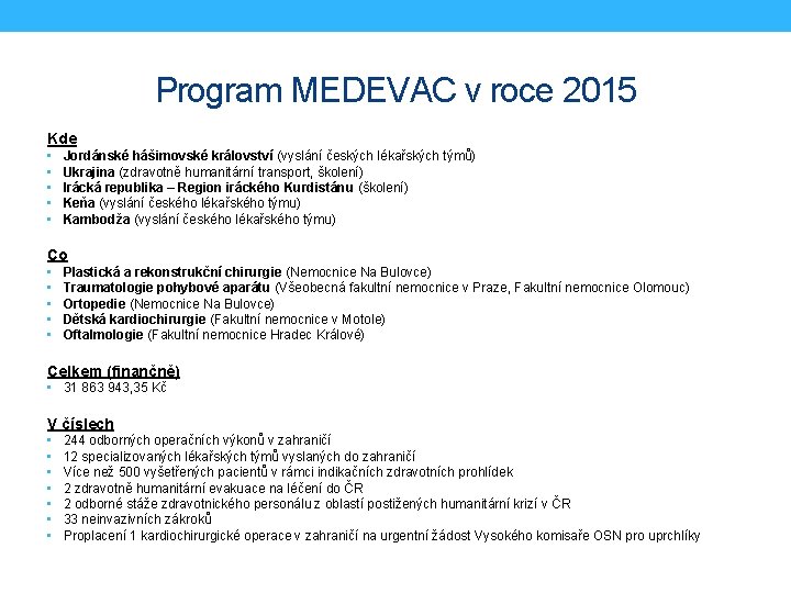 Program MEDEVAC v roce 2015 Kde • • • Jordánské hášimovské království (vyslání českých