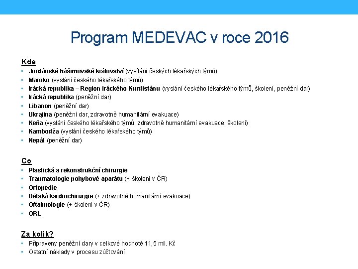 Program MEDEVAC v roce 2016 Kde • Jordánské hášimovské království (vysílání českých lékařských týmů)