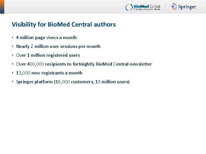 Visibility for Bio. Med Central authors • 4 million page views a month •