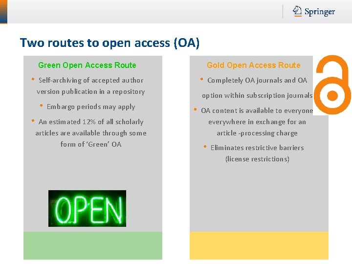 Two routes to open access (OA) Gold Open Access Route Green Open Access Route