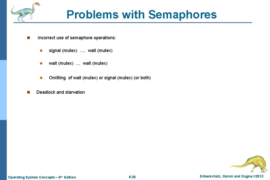 Problems with Semaphores n n Incorrect use of semaphore operations: l signal (mutex) ….