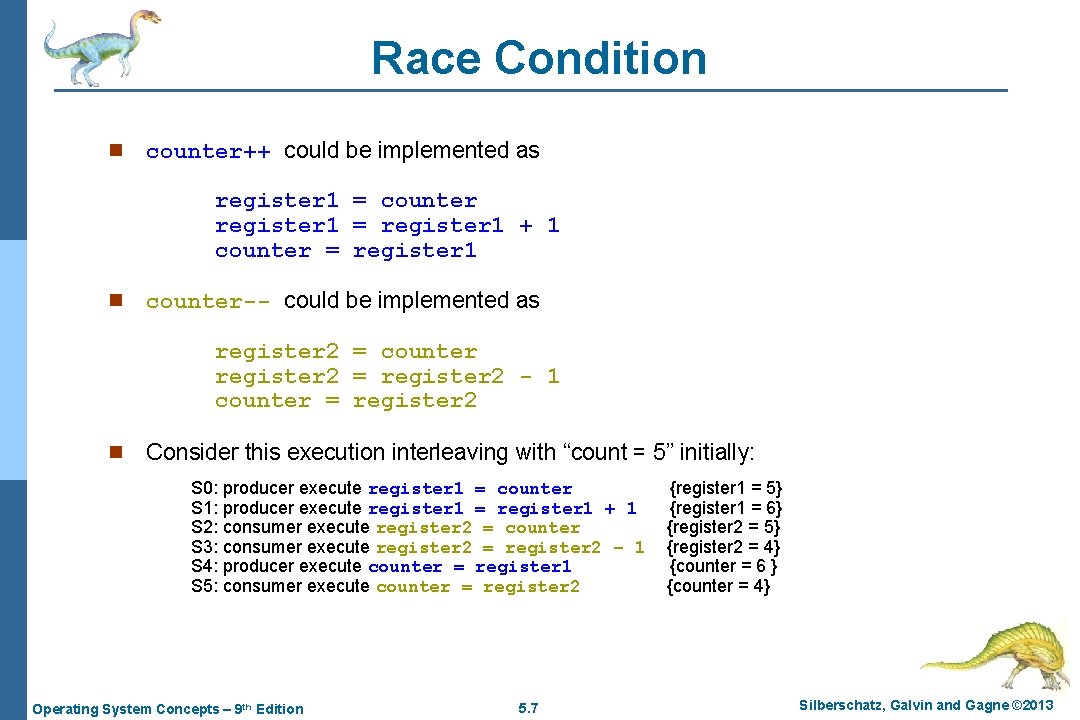 Race Condition n counter++ could be implemented as register 1 = counter register 1