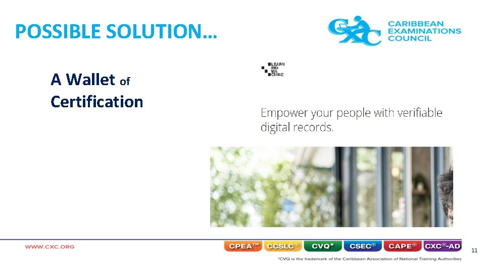 POSSIBLE SOLUTION… A Wallet of Certification 11 POSSIBLE SOLUTION… A Wallet of Certification 11