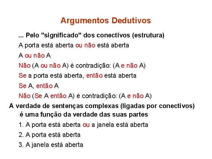 Argumentos Dedutivos. . . Pelo "significado" dos conectivos (estrutura) A porta está aberta ou