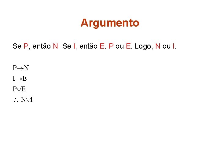 Argumento Se P, então N. Se I, então E. P ou E. Logo, N