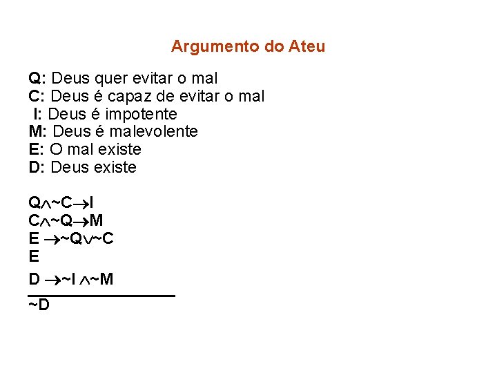 Argumento do Ateu Q: Deus quer evitar o mal C: Deus é capaz de