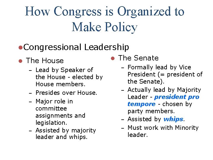 How Congress is Organized to Make Policy l. Congressional l Leadership The House –