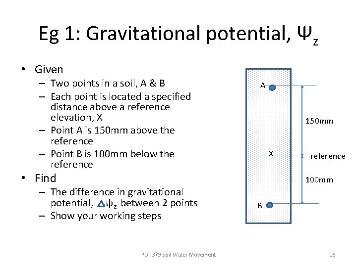 Eg 1: Gravitational potential, Ψz • Given – Two points in a soil, A