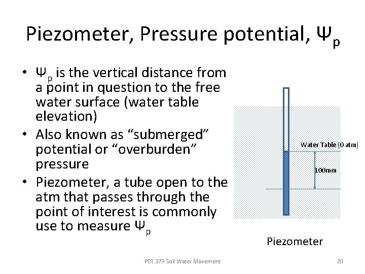 Piezometer, Pressure potential, Ψp • Ψp is the vertical distance from a point in