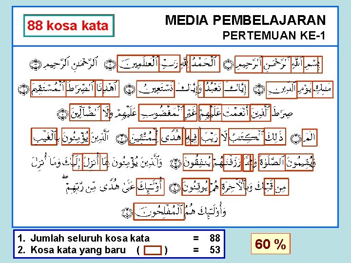 a 88 kosa kata MEDIA PEMBELAJARAN PERTEMUAN KE-1. 1. Jumlah seluruh kosa kata 2.