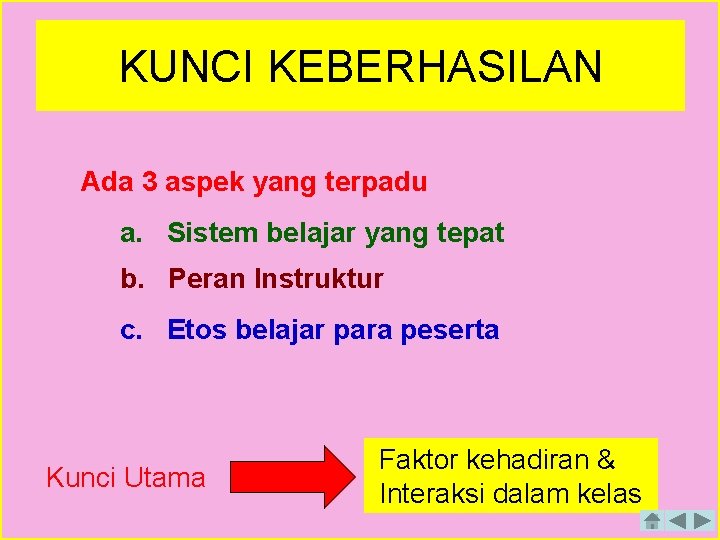 KUNCI KEBERHASILAN Ada 3 aspek yang terpadu a. Sistem belajar yang tepat b. Peran