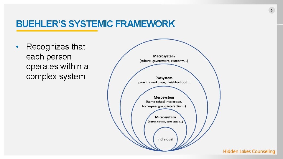 9 BUEHLER’S SYSTEMIC FRAMEWORK • Recognizes that each person operates within a complex system