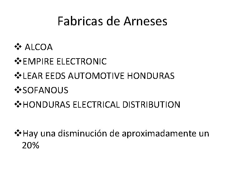 Fabricas de Arneses v ALCOA v. EMPIRE ELECTRONIC v. LEAR EEDS AUTOMOTIVE HONDURAS v.