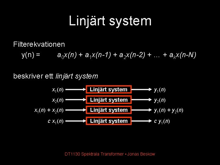 Linjärt system Filterekvationen y(n) = a 0 x(n) + a 1 x(n-1) + a