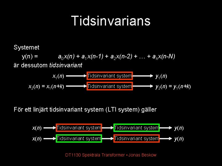 Tidsinvarians Systemet y(n) = a 0 x(n) + a 1 x(n-1) + a 2