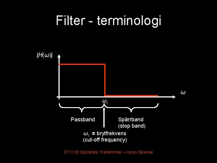 Filter - terminologi |H(ω)| ω ωc Passband Spärrband (stop band) ωc = brytfrekvens (cut-off