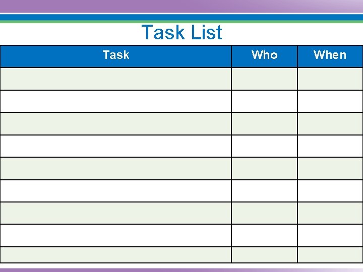 Task List Task Who When 