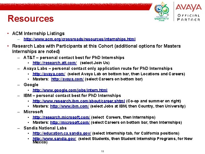 Resources • ACM Internship Listings – http: //www. acm. org/crossroads/resources/internships. html • Research Labs Resources • ACM Internship Listings – http: //www. acm. org/crossroads/resources/internships. html • Research Labs